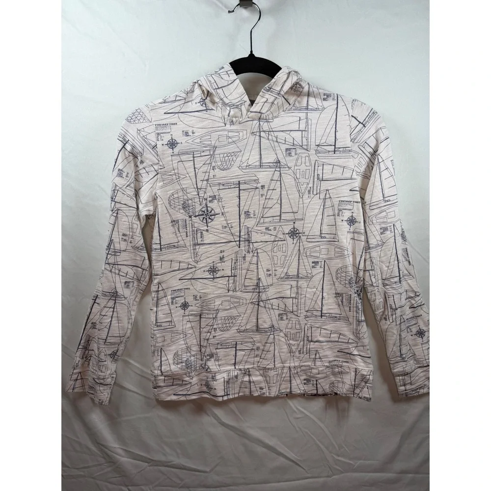 Vineyard Vines Kids Island Hoodie Sailboat Print Pima Cotton White Blue S‎ 8/10